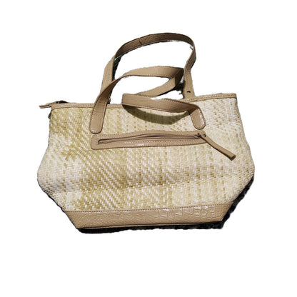 Woven Straw Lattice Tote Bag Croc Embossed Trim Beige Grommet Shoulder Bag