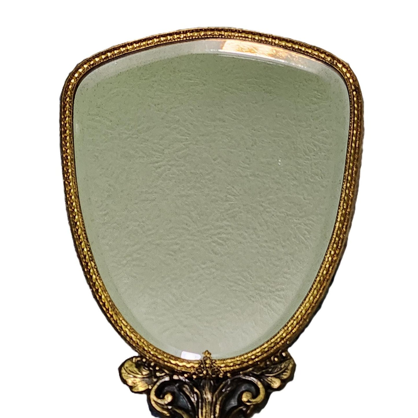 Vintage Ornate Gold Tone Hand Mirror Cherub Cupid Motif Hollywood Regency Style