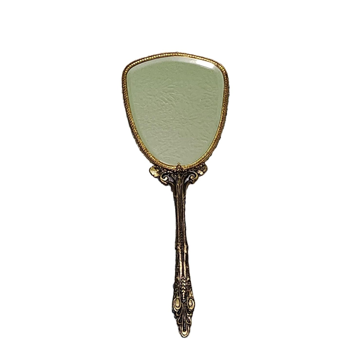 Vintage Ornate Gold Tone Hand Mirror Cherub Cupid Motif Hollywood Regency Style