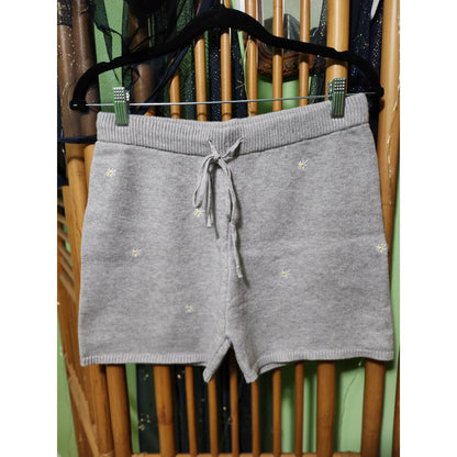 NEW Lush Womens Gray Knit Daisy Embroidered Lounge Shorts Drawstring