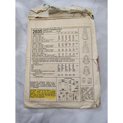 VTG 1971 McCalls 2935 Sewing Pattern Misses Jacket Pants Shorts Size 14 Bust 36