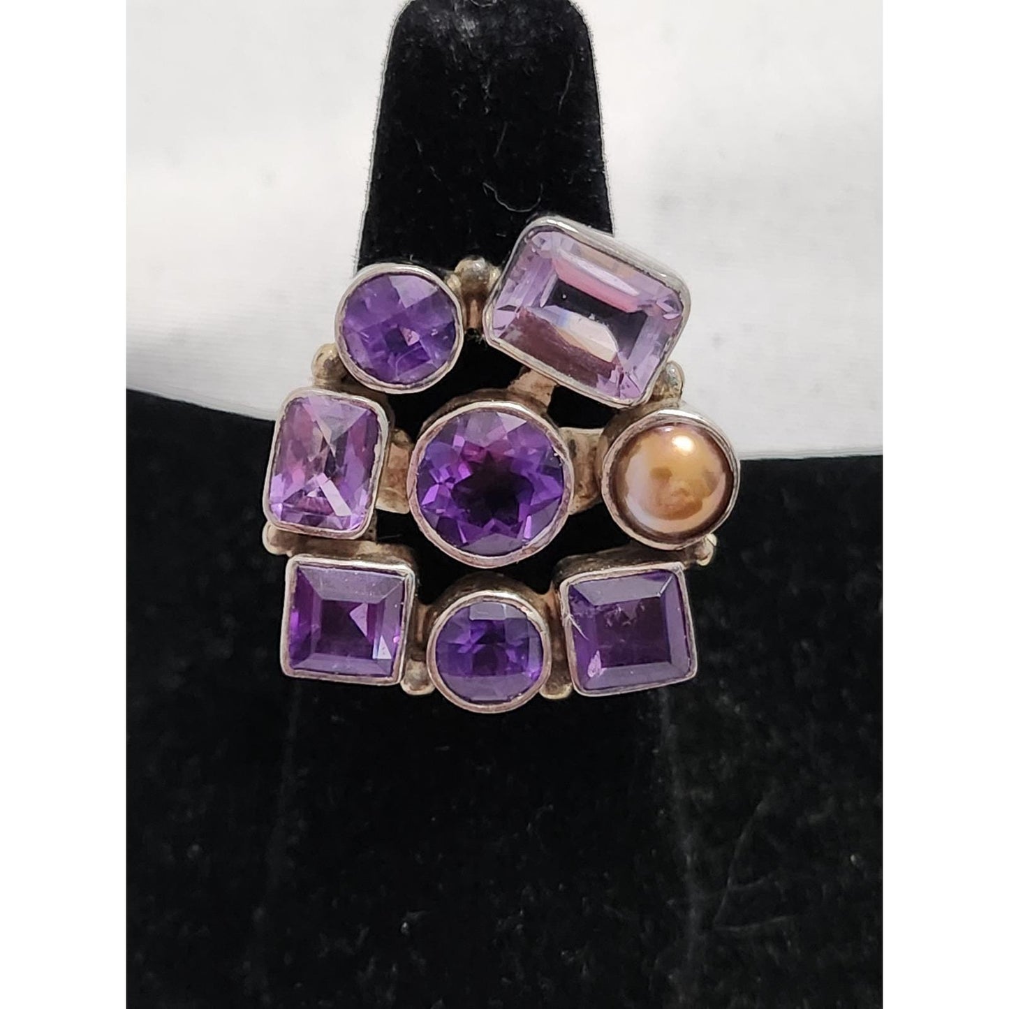 Sterling Silver Amethyst and Pearl Cluster Cocktail Ring Size 8.25 925 Vintage
