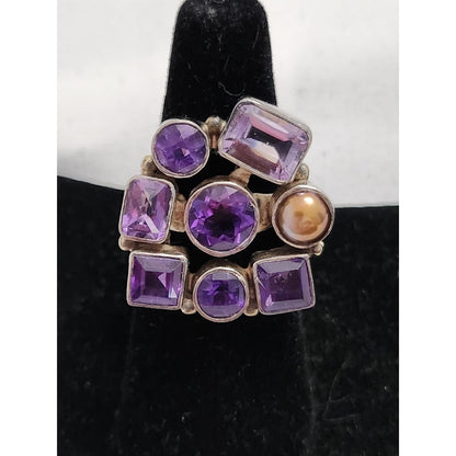 Sterling Silver Amethyst and Pearl Cluster Cocktail Ring Size 8.25 925 Vintage
