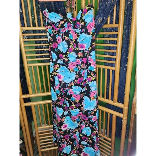 No Boundaries Y2K Floral Beaded Halter Maxi Dress Tropical Boho Summer XL