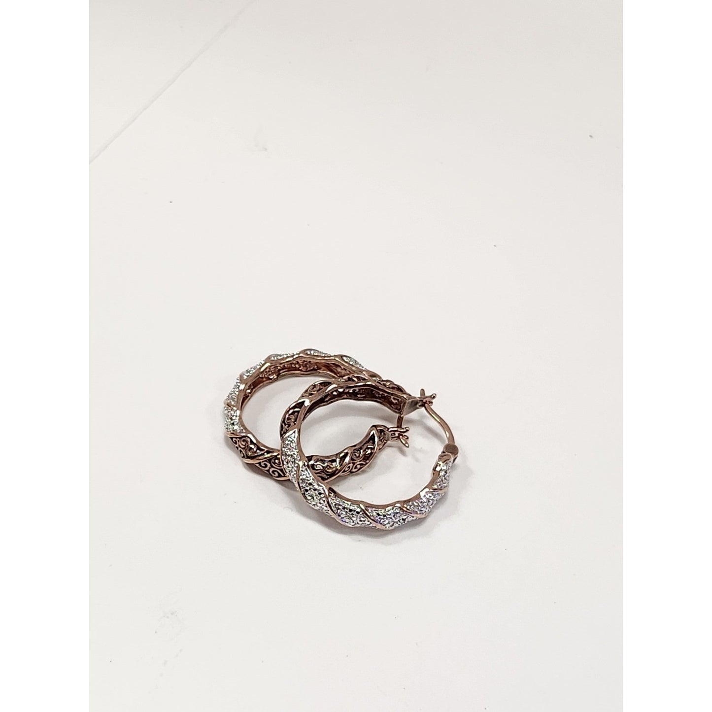 Rose Gold Tone Twisted Pavé Crystal Filigree Hoop Earrings Latch Back Closure