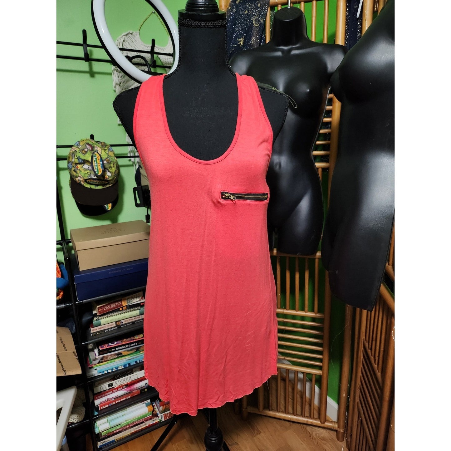 POL Womens Coral Pink Zipper Pocket Racerback Tank Top NWT