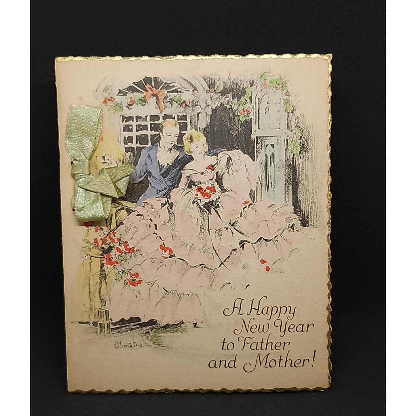 Vintage New Year Greeting Card Father Mother Olmsted Illustration Ribbon Bow