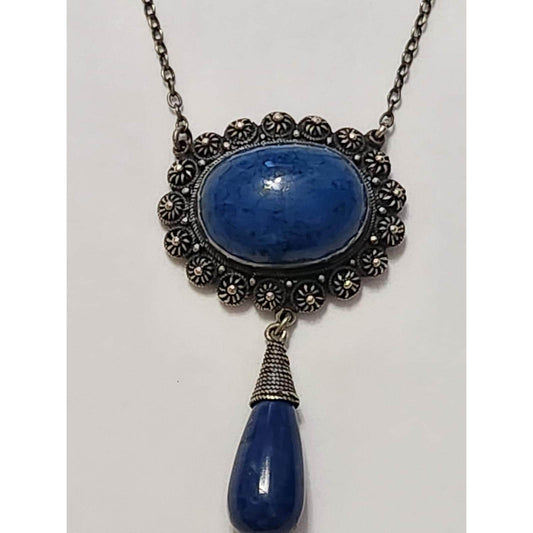 Vintage Blue Lapis Cabochon Pendant Necklace Ornate Silver Filigree Boho Jewelry