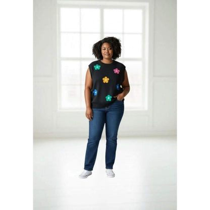 Shein Retro Floral Sweater Vest Black Sleeveless Knit Flower Applique Top Large