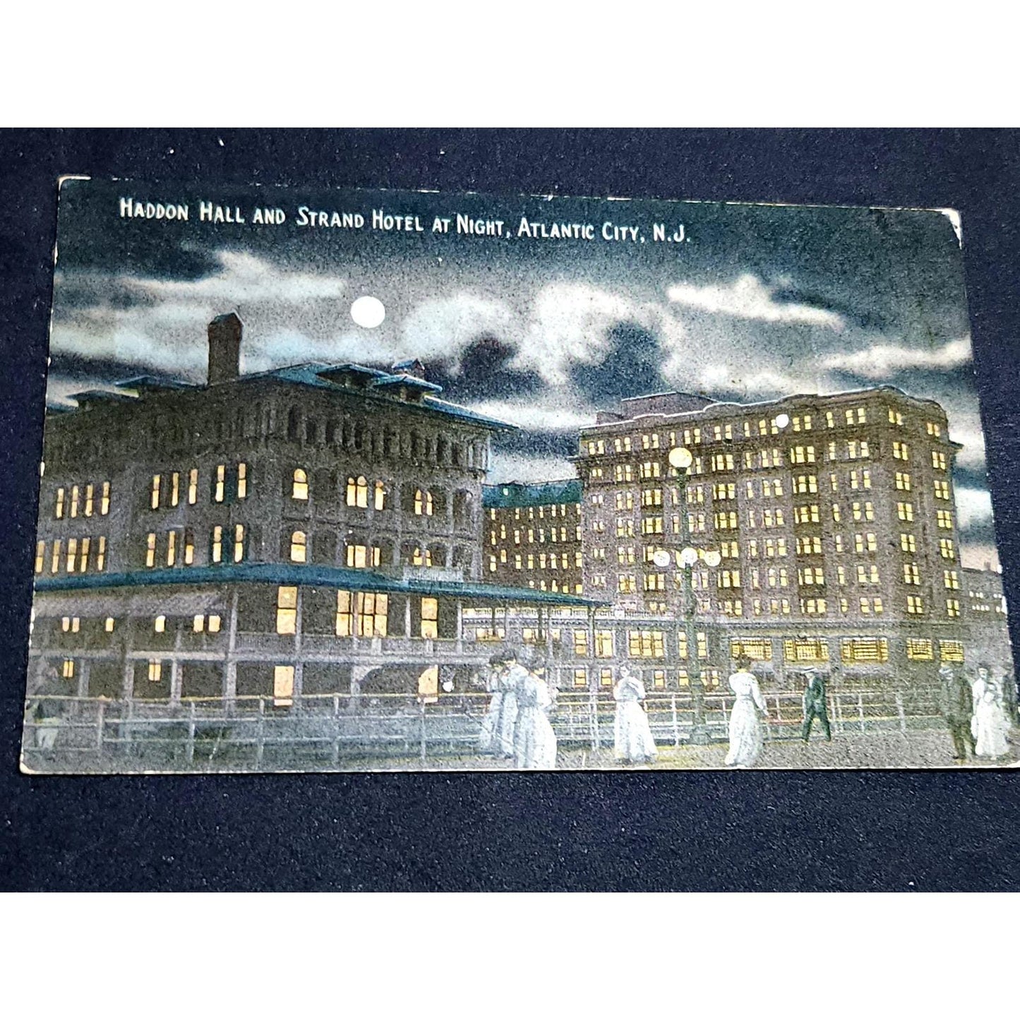 VTG Postcard Haddon Hall and Strand Hotel at Night Atlantic City New Jersey NJ