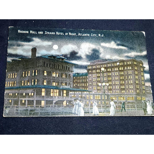 VTG Postcard Haddon Hall and Strand Hotel at Night Atlantic City New Jersey NJ