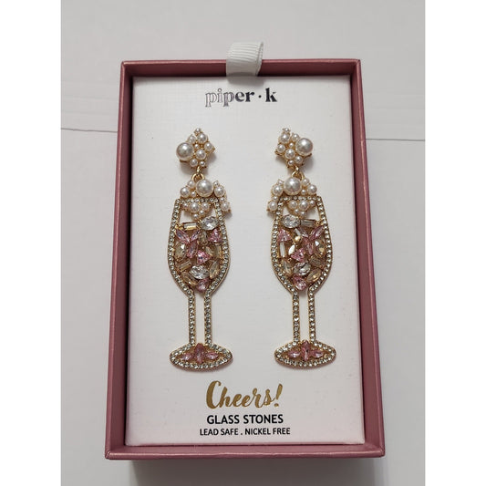 Piper K Champagne Flute Drop Earrings Pink Glass Stones Faux Pearl Gold Tone