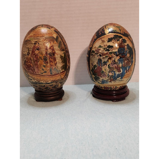 Vintage Satsuma Style Porcelain Eggs Set 2 Moriage Gold Gilt Chinoiserie Decor