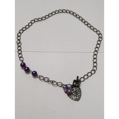 Purple Pearl Silver Charm Jewelry Set Necklace Bracelet Earrings Heart Dragonfly