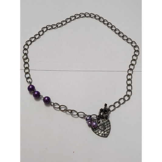 Purple Pearl Silver Charm Jewelry Set Necklace Bracelet Earrings Heart Dragonfly