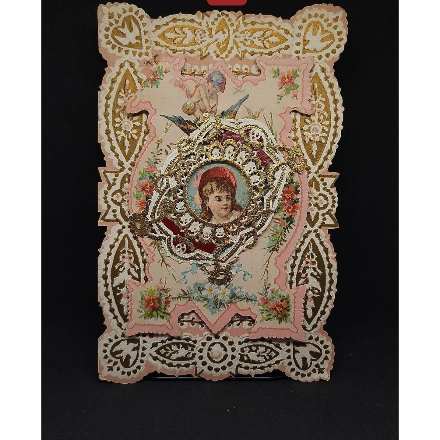 Vintage Victorian Valentine Greeting Card Die Cut Lace Paper Gold Accents Cherub