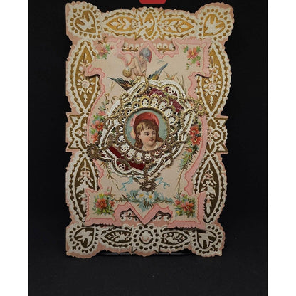 Vintage Victorian Valentine Greeting Card Die Cut Lace Paper Gold Accents Cherub