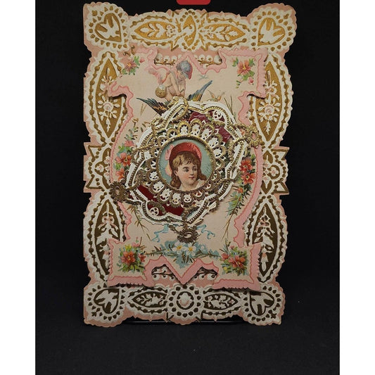 Vintage Victorian Valentine Greeting Card Die Cut Lace Paper Gold Accents Cherub