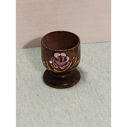 Vintage Hand Painted Wooden Egg Cups Set of 4 Floral Rose Folk Art Kitchenware