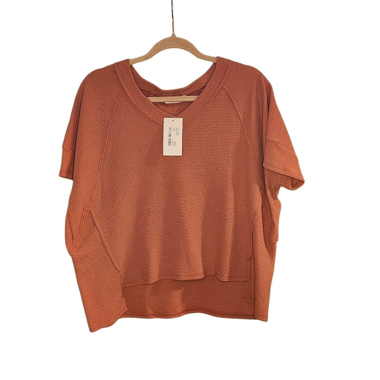 NWT Boutique Womens Rust Orange Textured Waffle Knit V-Neck Oversized Short Slv