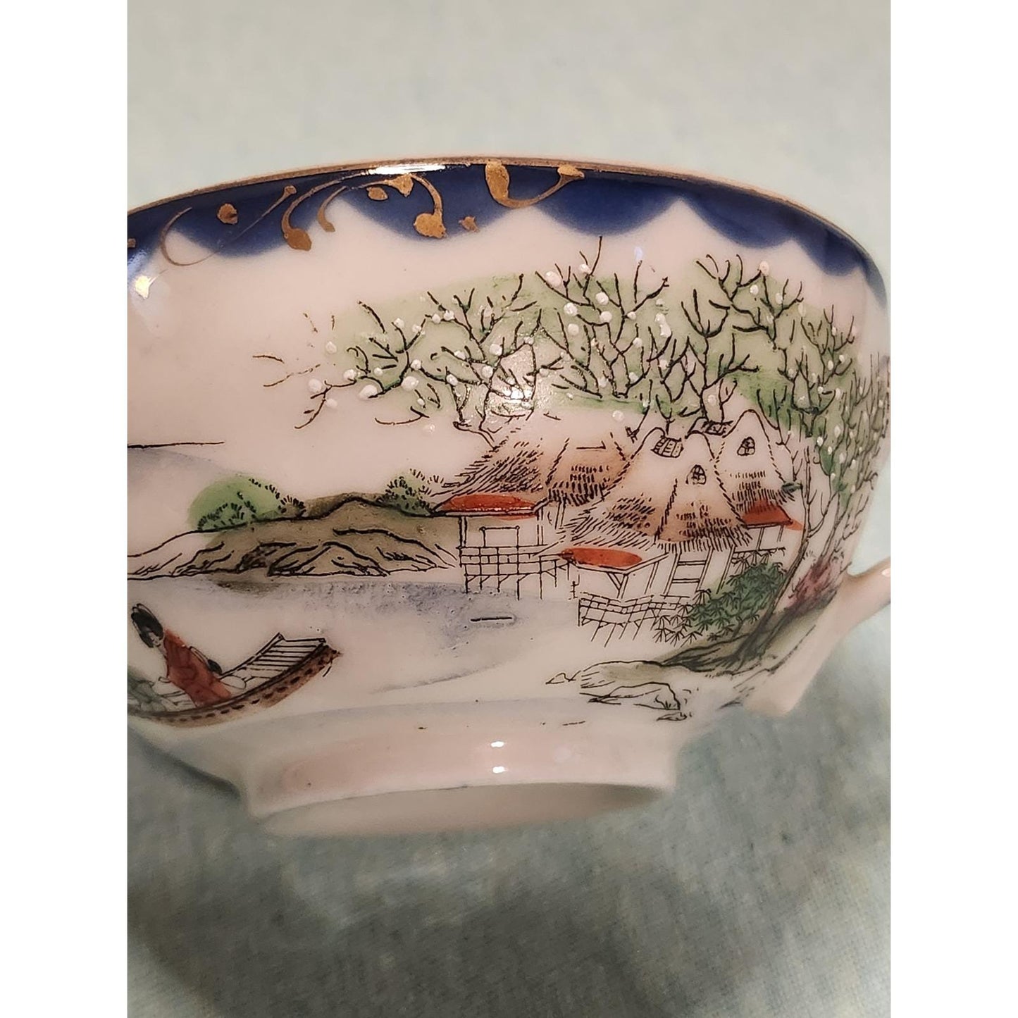Vintage Hand Painted Japanese Eggshell Porcelain Tea Cup and Saucer Set of 2