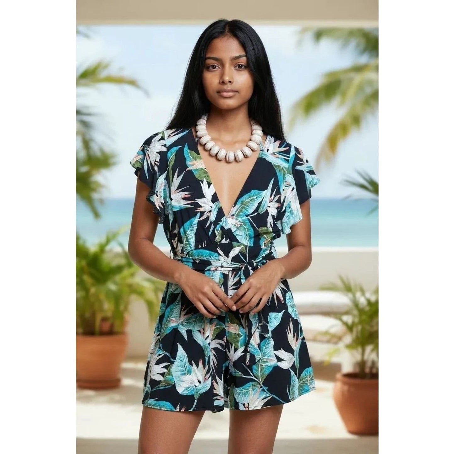 Shein Tropical Floral Tie Waist Sleeveless Halter Romper Womens Medium Black