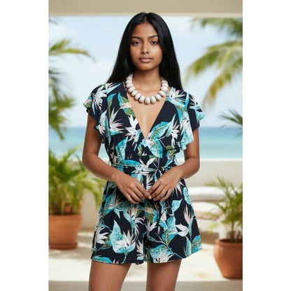 Shein Tropical Floral Tie Waist Sleeveless Halter Romper Womens Medium Black