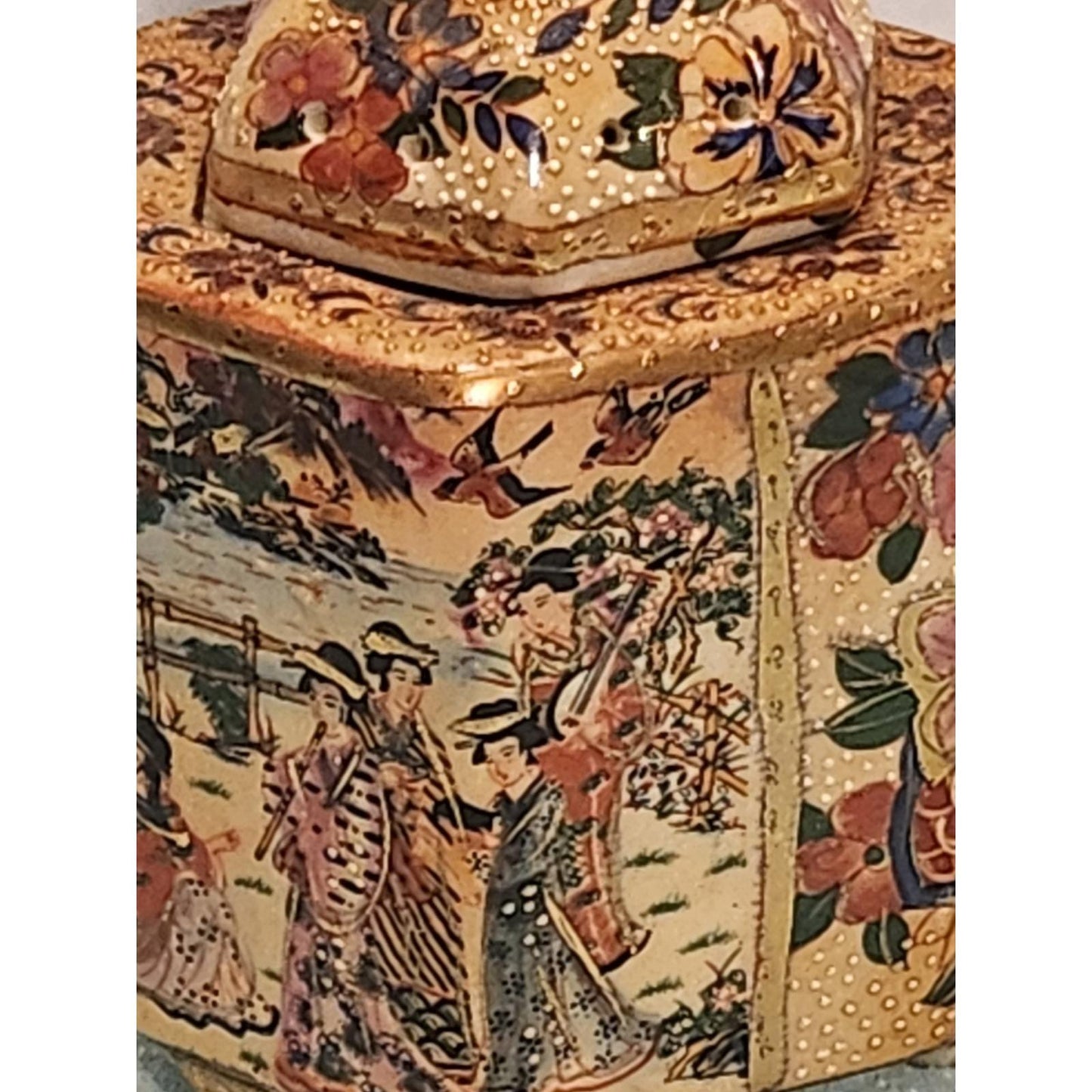 Vintage Satsuma Style Hexagonal Ginger Jar Foo Dog Lid Moriage Gold Gilt Geisha