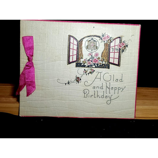 Vintage 1920s Art Deco Birthday Card Pink Ribbon Birdcage Floral Textured Paper