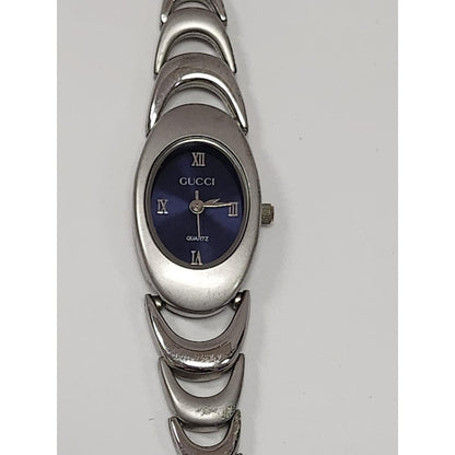 Vintage Gucci Quartz Watch Blue Dial Silver Tone Link Bracelet Needs Battery