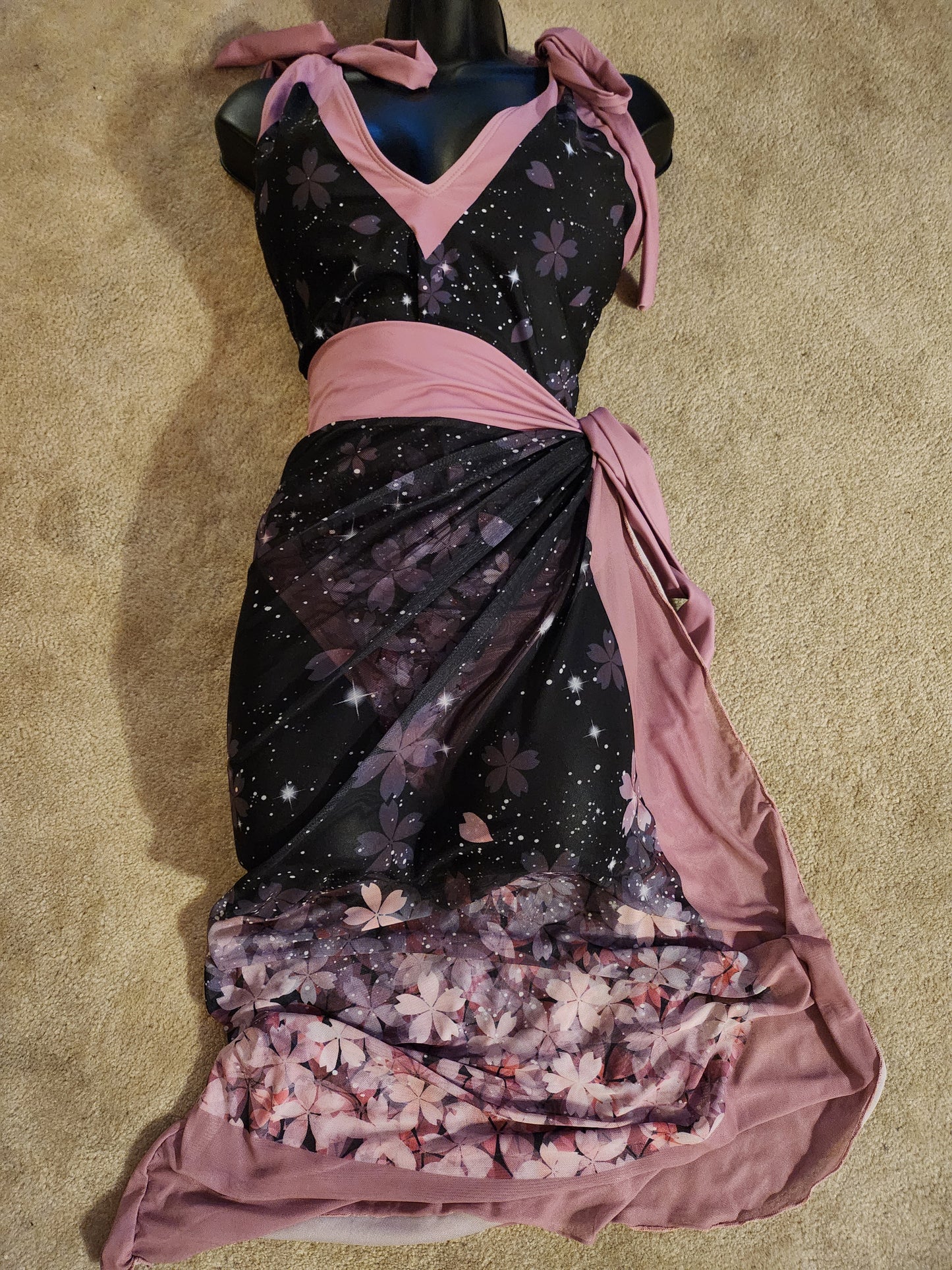 Sakura Cherry Blossom Celestial Swimsuit and Sarong Set Black Pink 2XL