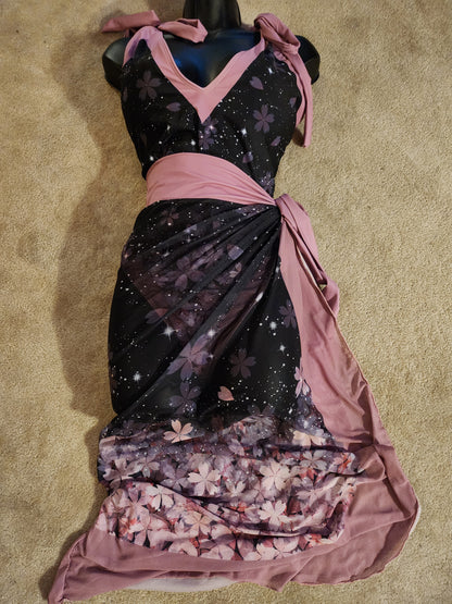 Sakura Cherry Blossom Celestial Swimsuit and Sarong Set Black Pink 2XL