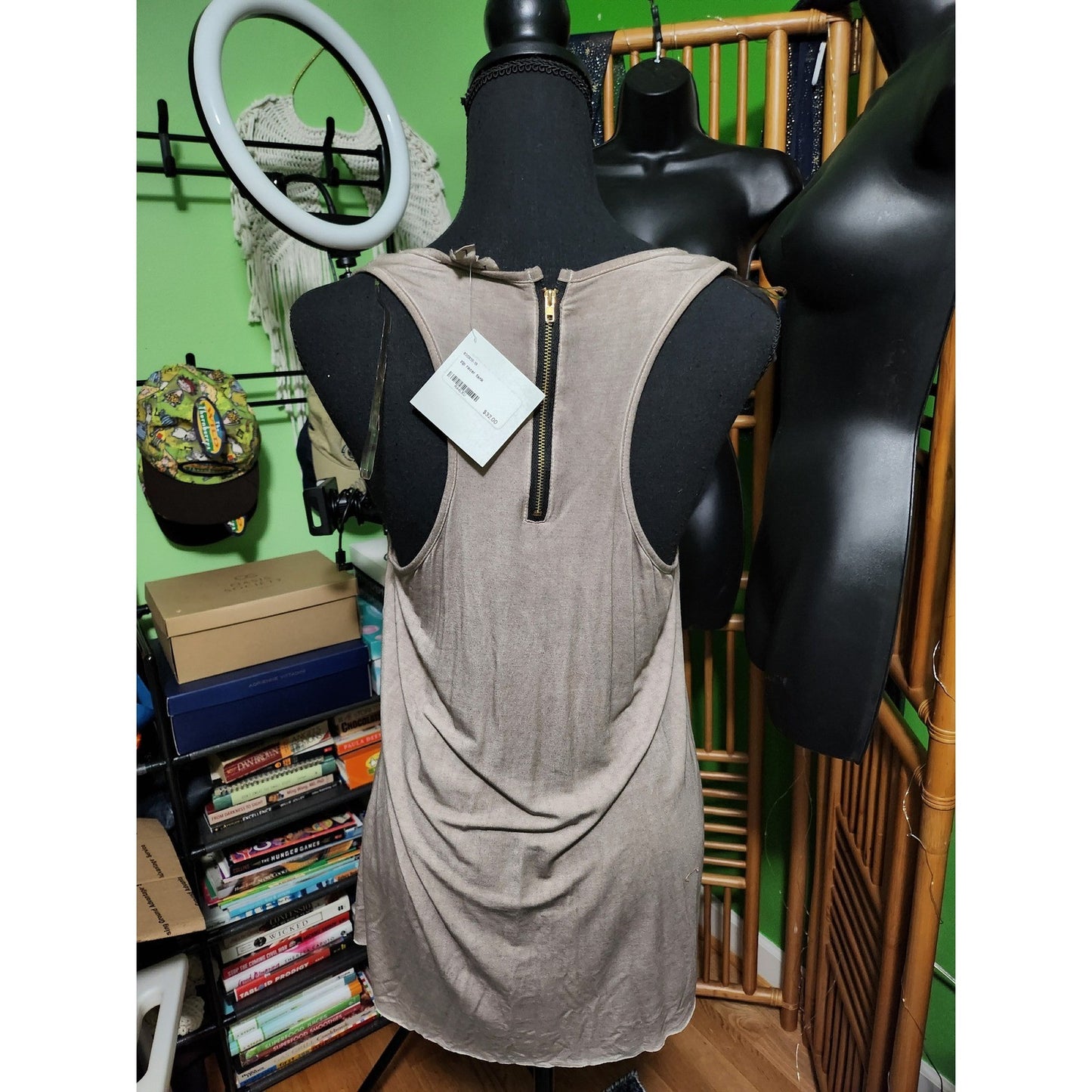POL Clothing Womens Taupe Mauve Zipper Pocket Racerback Tank Top NWT