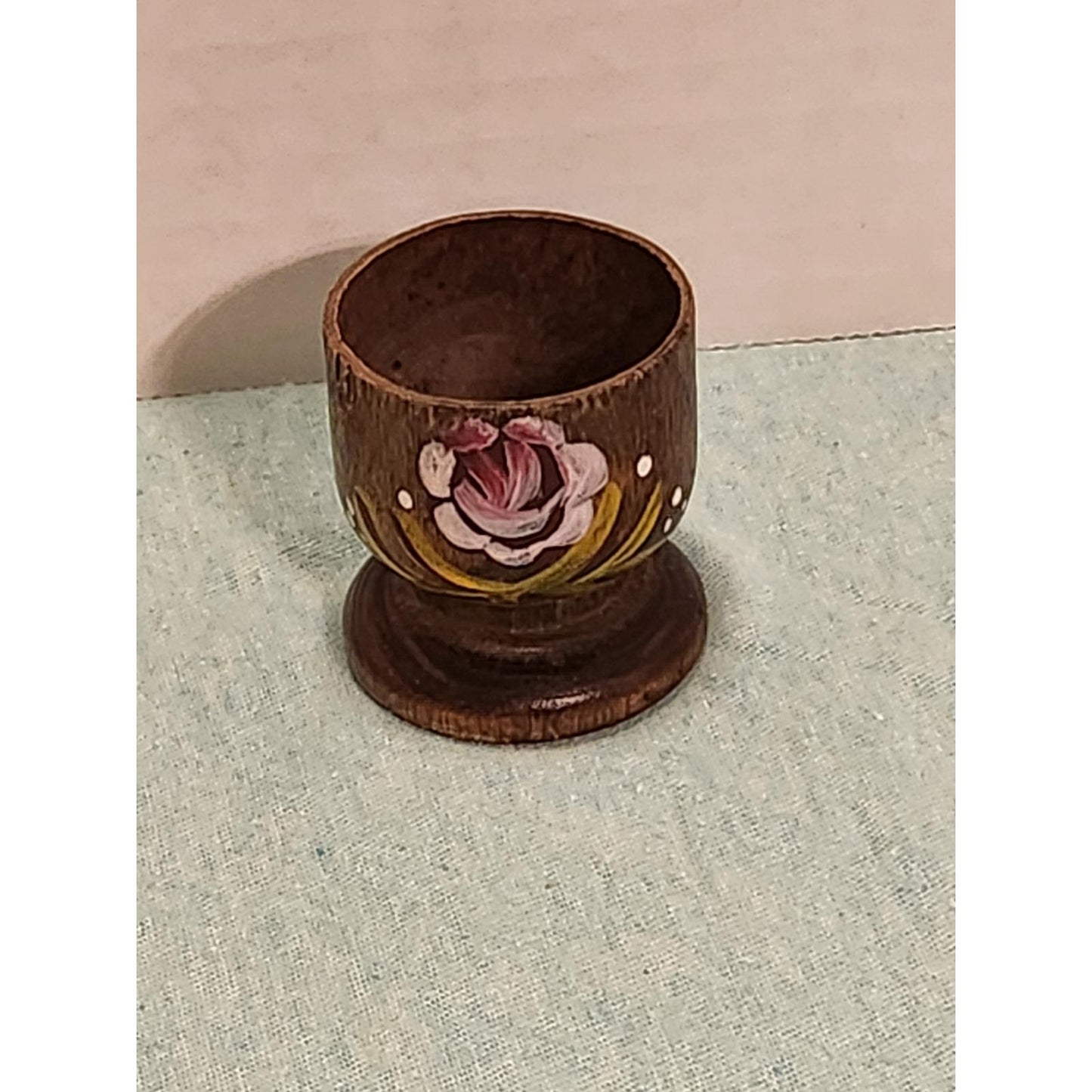 Vintage Hand Painted Wooden Egg Cups Set of 4 Floral Rose Folk Art Kitchenware