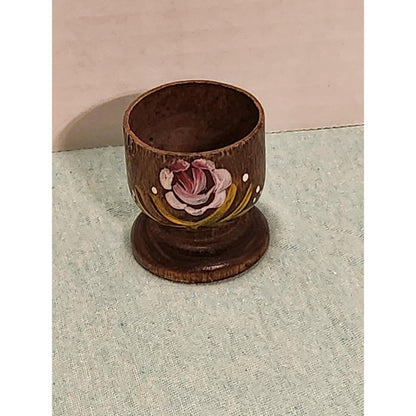 Vintage Hand Painted Wooden Egg Cups Set of 4 Floral Rose Folk Art Kitchenware