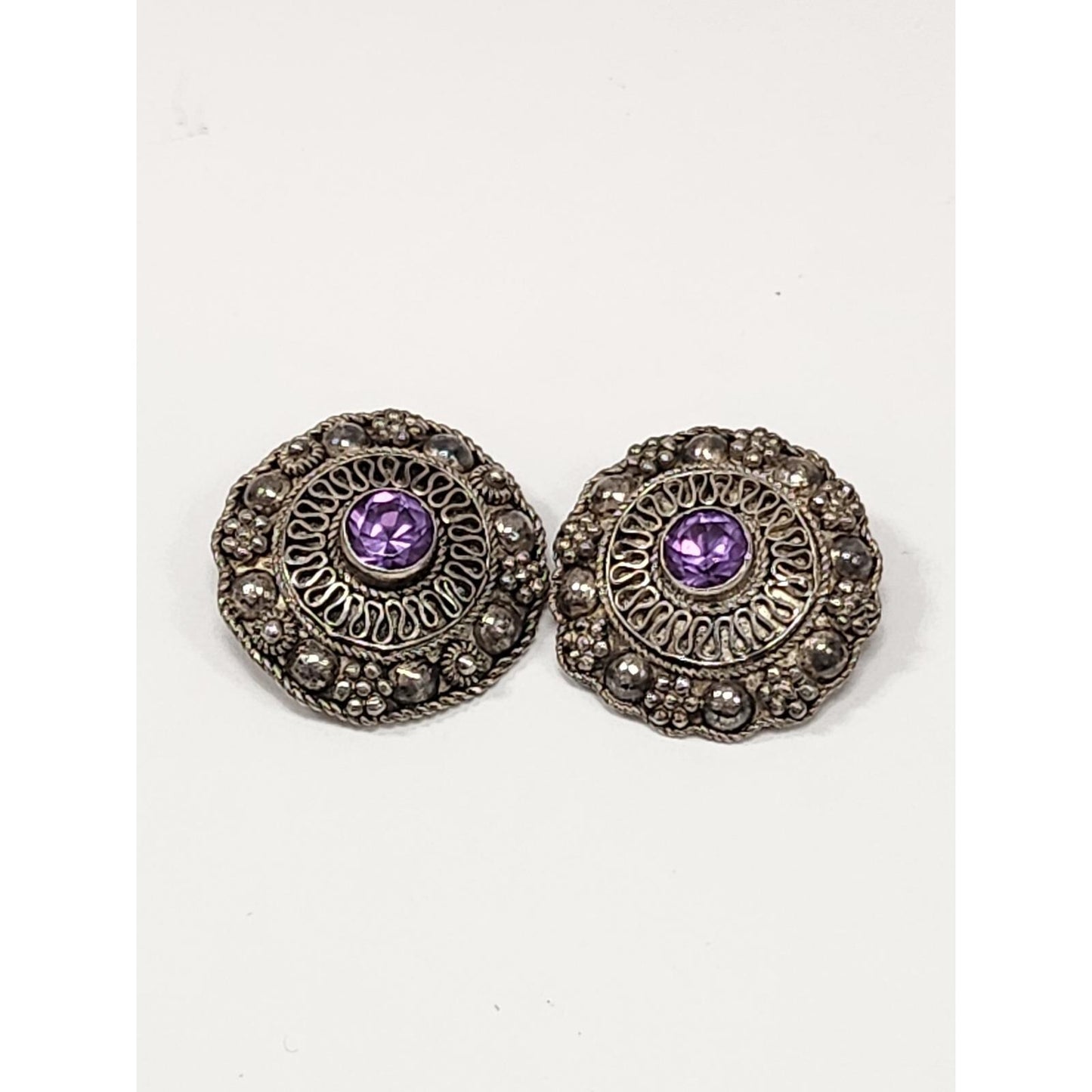 Vintage Silver Tone Purple Rhinestone Clip On Earrings Ornate Filigree Boho Stud