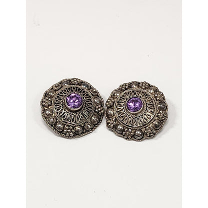Vintage Silver Tone Purple Rhinestone Clip On Earrings Ornate Filigree Boho Stud
