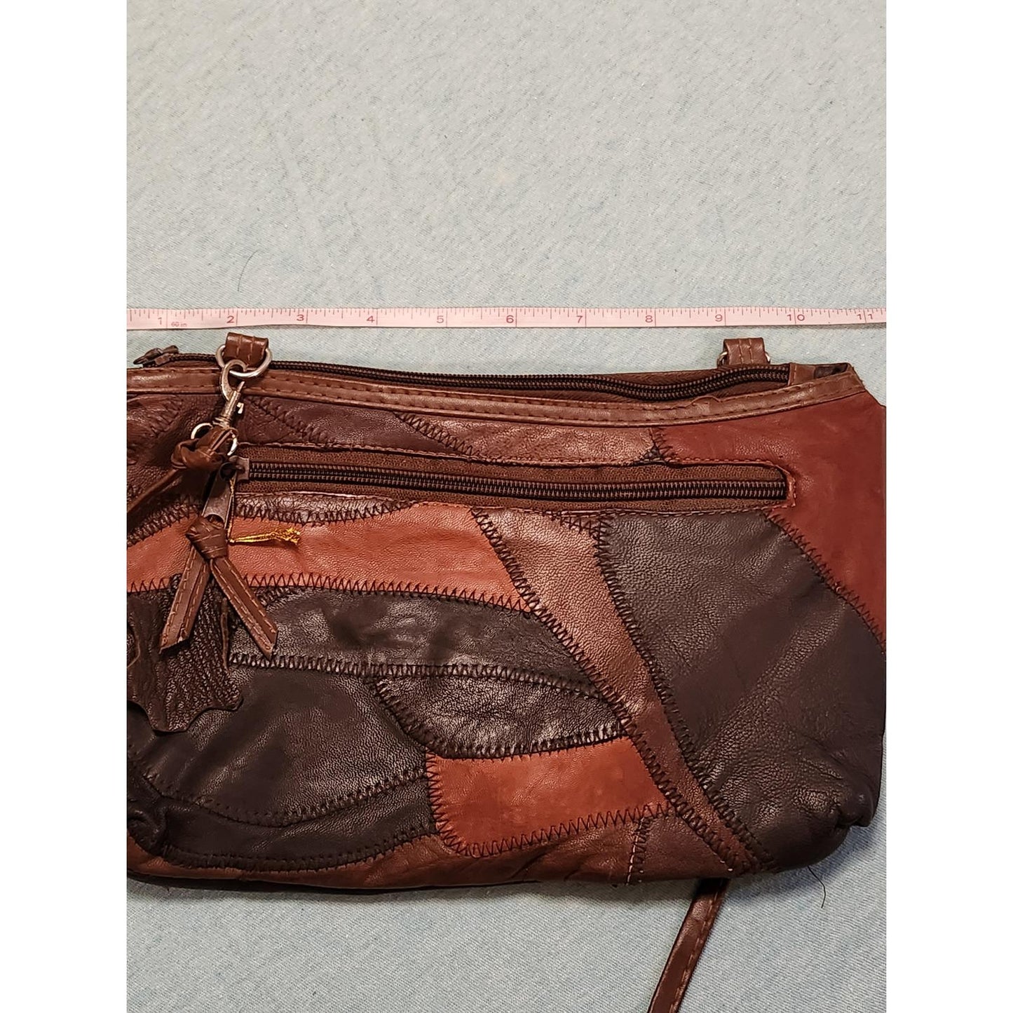 Vintage Patchwork Leather Crossbody Bag Brown Boho Tassel Zipper Purse Small