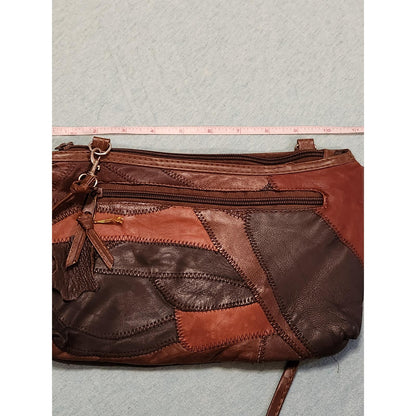 Vintage Patchwork Leather Crossbody Bag Brown Boho Tassel Zipper Purse Small