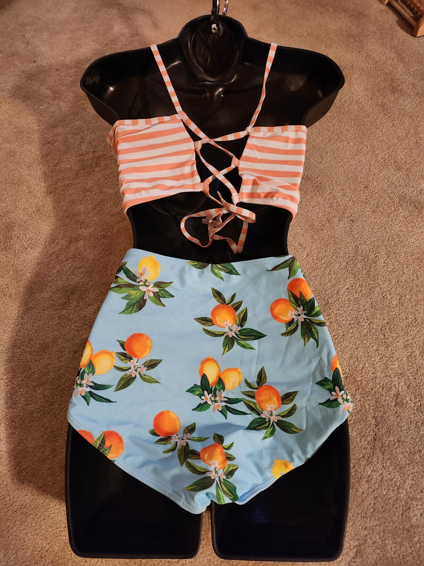 Davi & Dani Intimates Citrus Stripe Bikini Set High Waist Orange Lemon Print