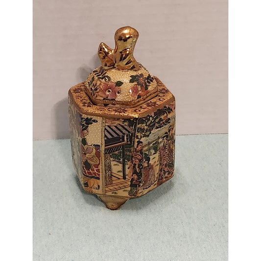 Vintage Satsuma Style Hexagonal Ginger Jar Foo Dog Lid Moriage Gold Gilt Geisha