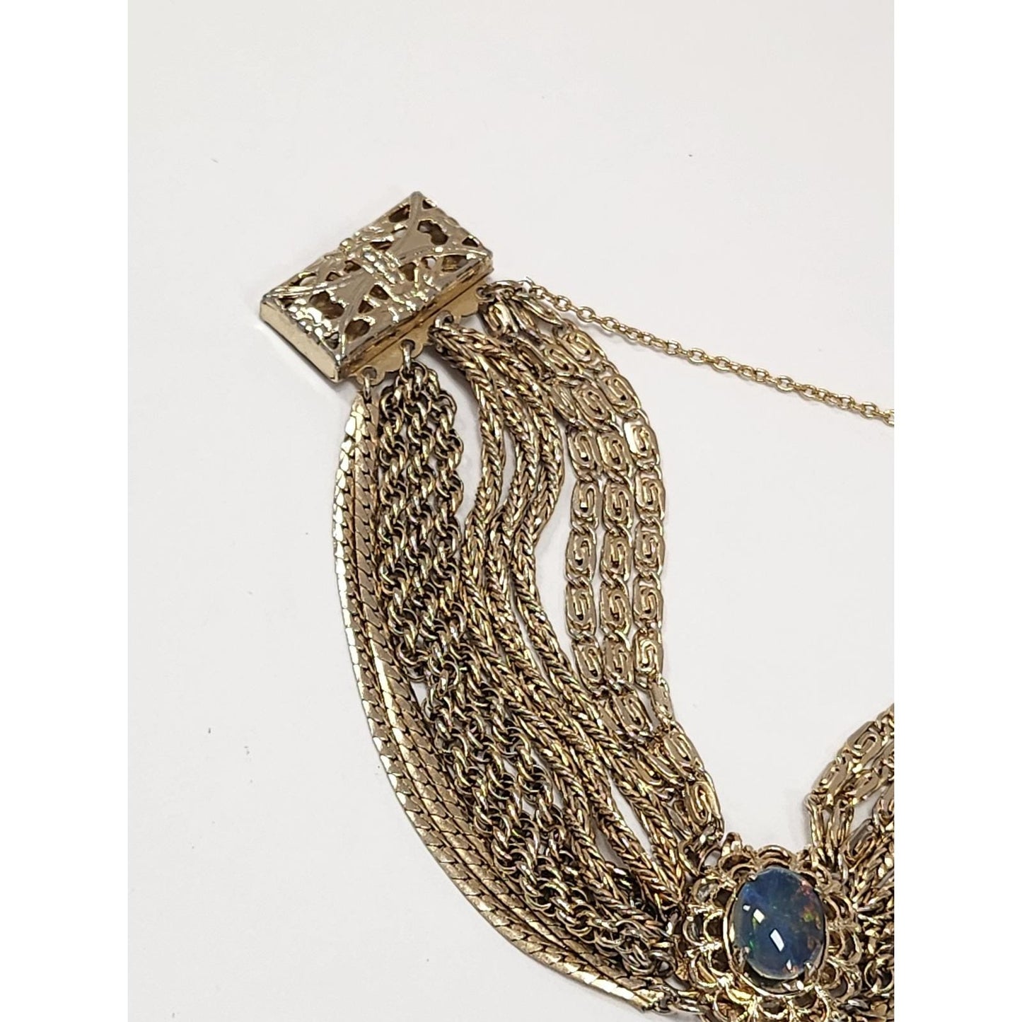 Vintage Multi Strand Gold Tone Black Opal Cabochon Statement Bracelet Clasp