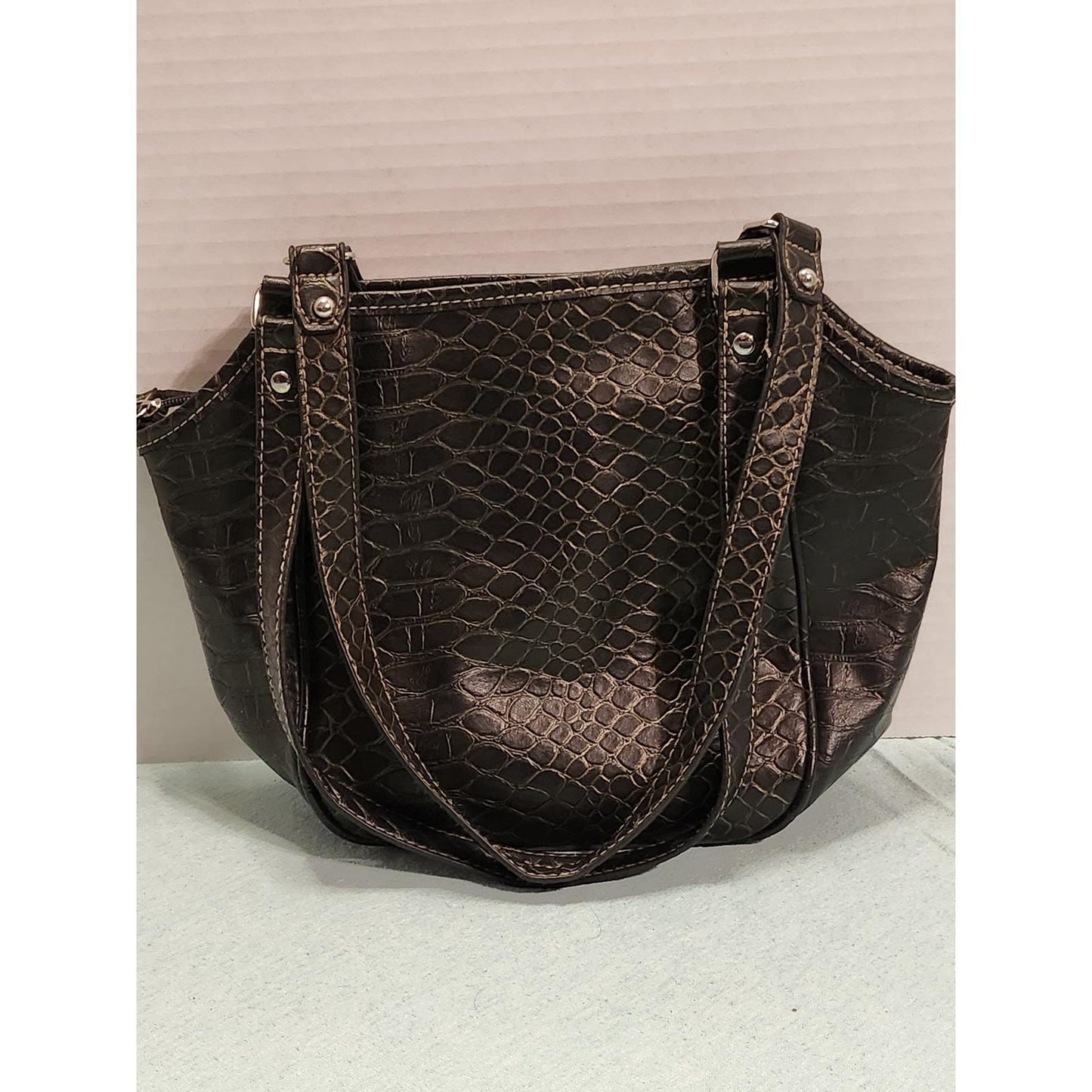 Rosetti Black Faux Snakeskin Shoulder Bag Organizer Purse Contrast Stitching
