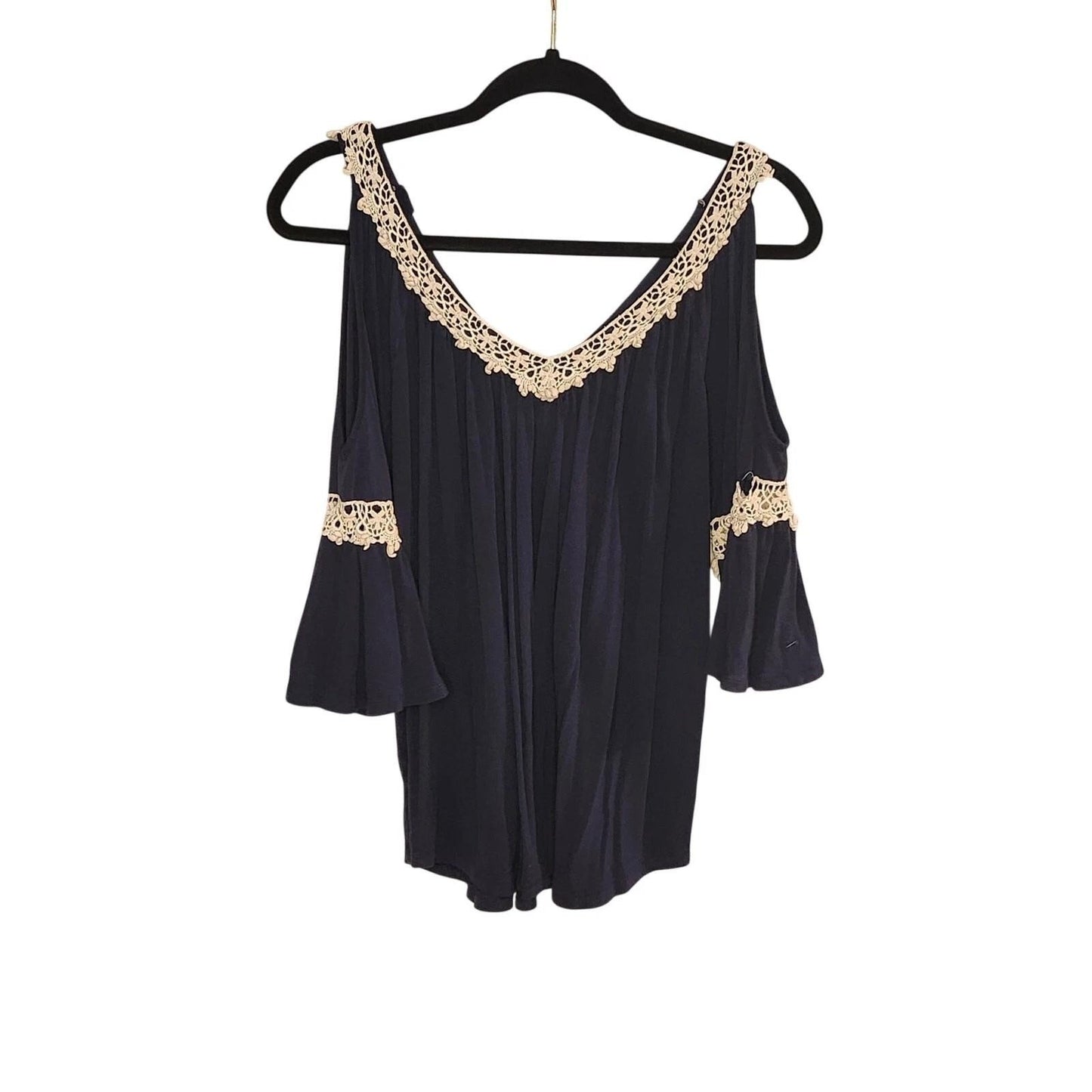 Womens Navy Blue Cold Shoulder Boho Top Crochet Lace Trim V-Neck Bell Sleeve
