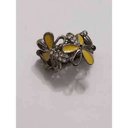Yellow Floral Jewelry Set Necklace Earrings and Stretch Ring Silver Tone 3pc