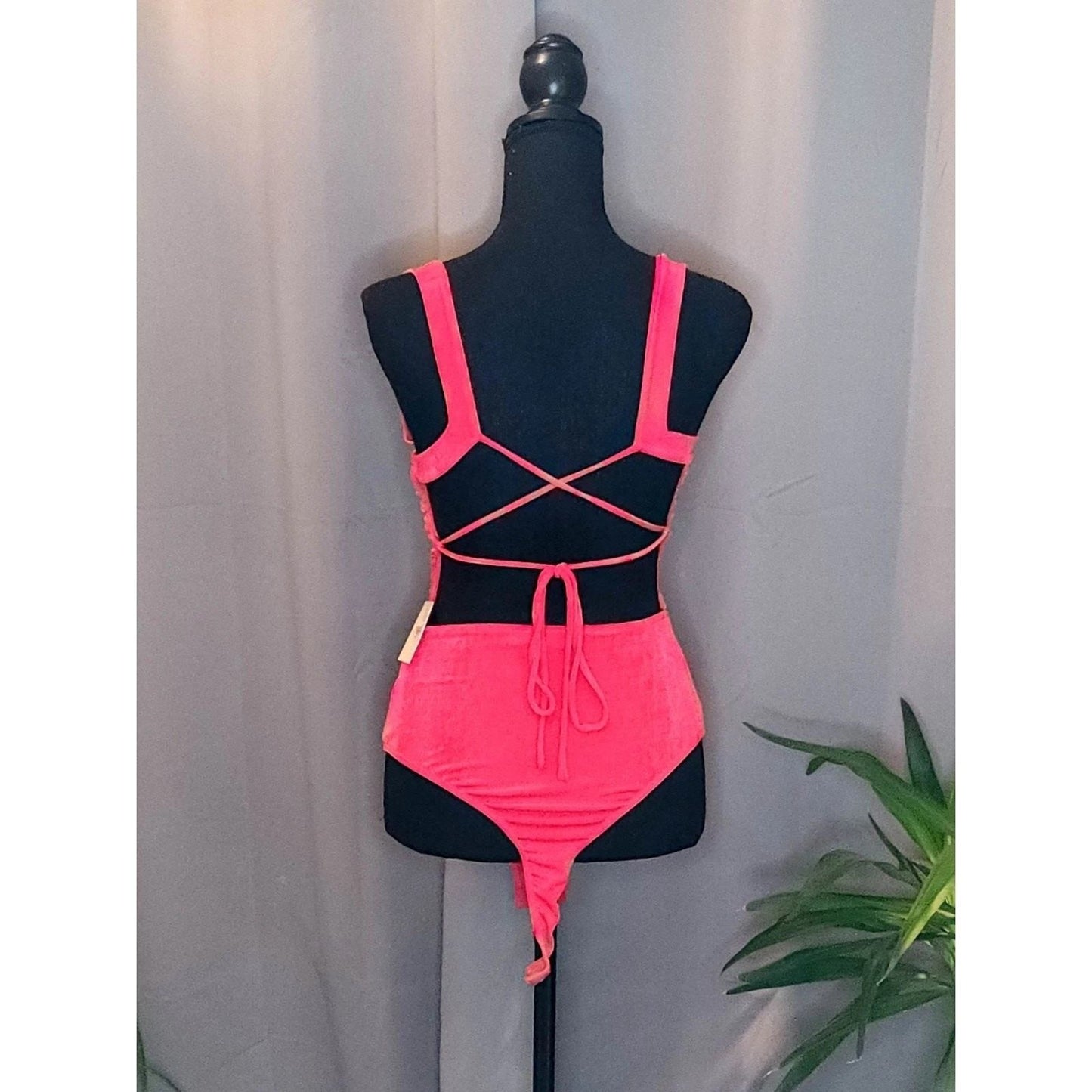 Lush Hot Pink Ruched Open Back Strappy Bodysuit Square Neck Sleeveless Top