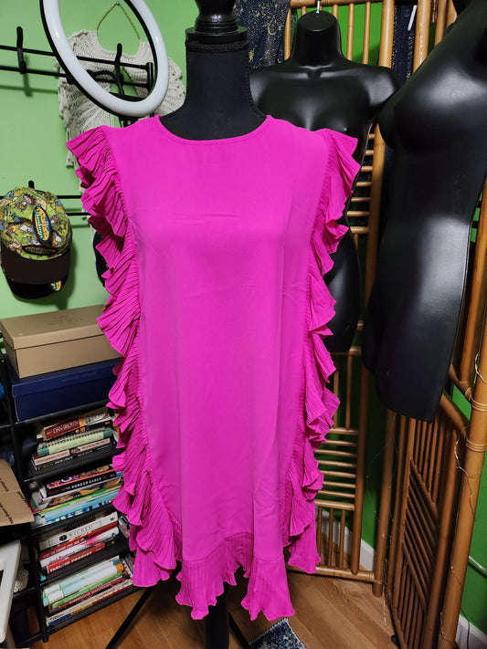 TCEC Fuchsia Pink Ruffle Trim Mini Dress Sleeveless Shift Party Cocktail