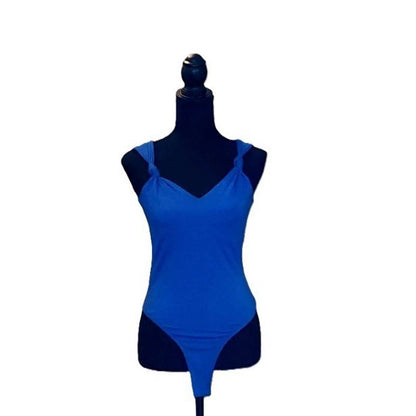 Lush Bodysuit Blue Knot Strap V-Neck Sleeveless Leotard Top Royal Cobalt