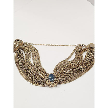 Vintage Multi Strand Gold Tone Black Opal Cabochon Statement Bracelet Clasp