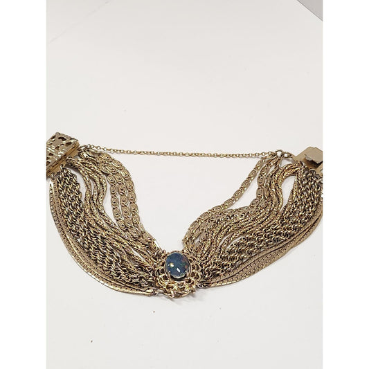 Vintage Multi Strand Gold Tone Black Opal Cabochon Statement Bracelet Clasp